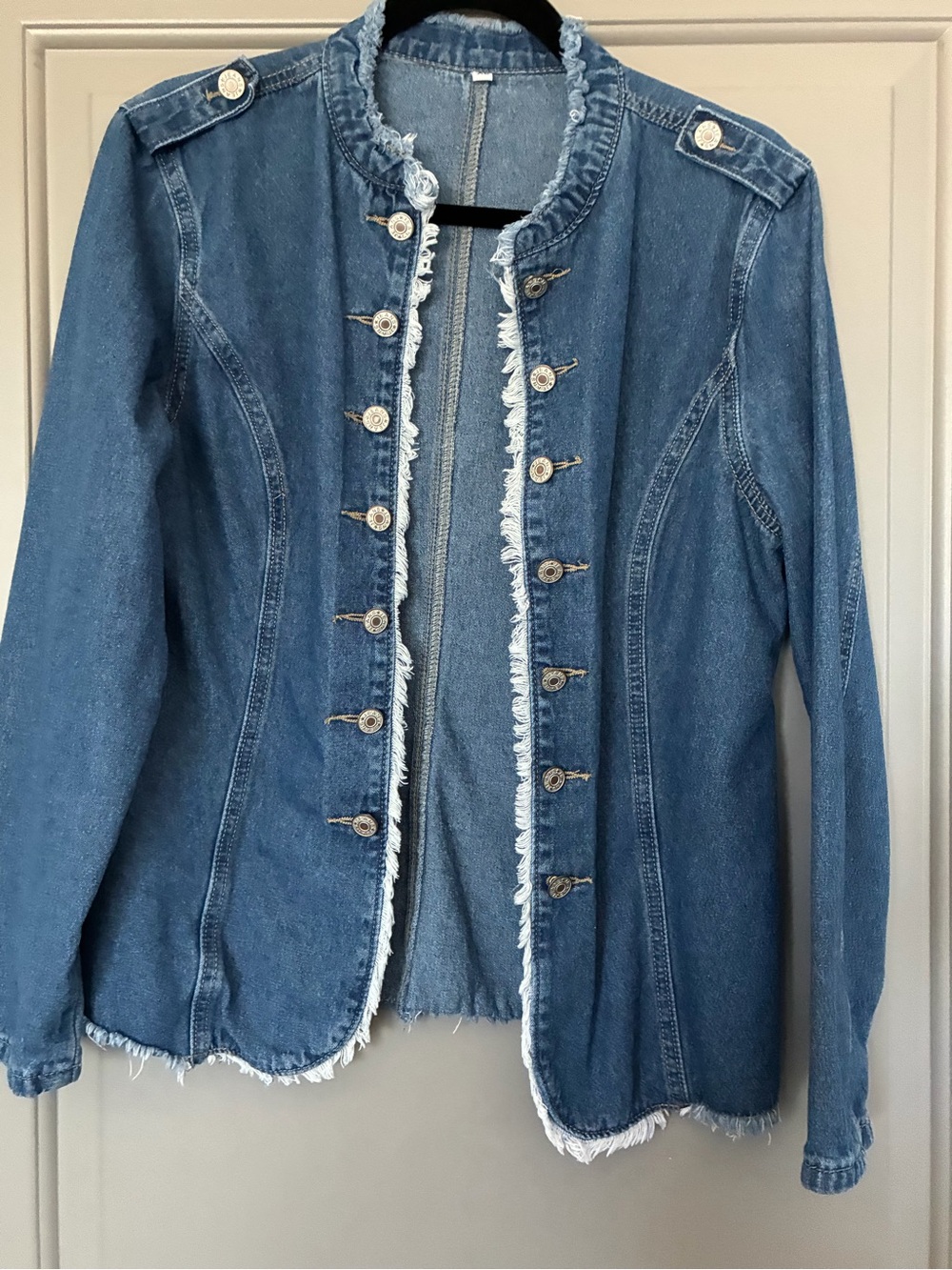 Denim Military-Style Jacket with Frayed Trim & Detail Stitching - Picture 12 of 12